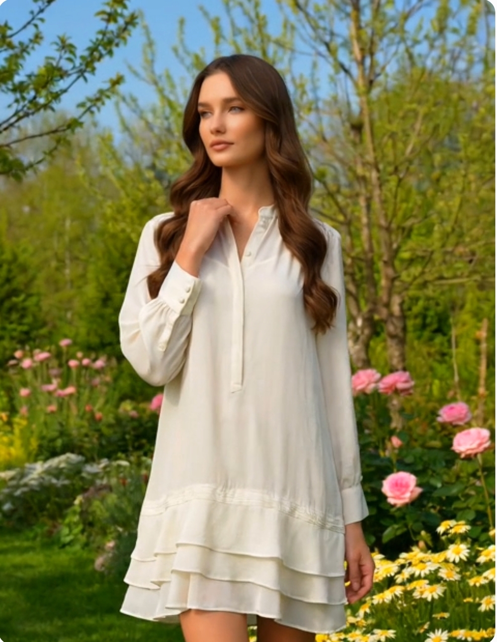 Banana Republic Ivory Tiered Ruffle Hem Tunic Dress Long Sleeve Button Size 4 VG